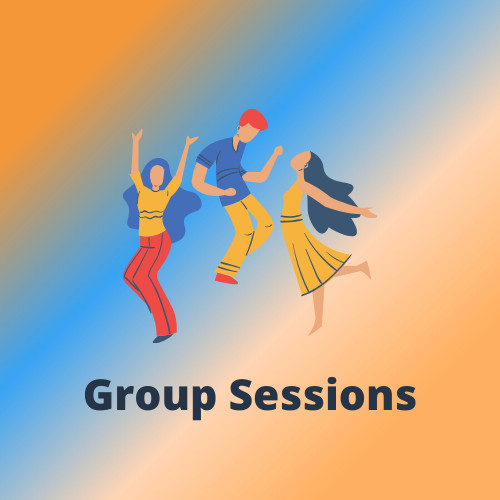 group of three cartoon people dancing with title 'group sessions